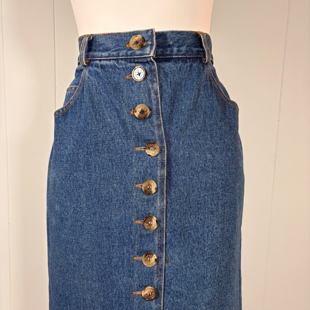 90s Y2K Denim Button Down Midi Skirt Women's 4 100% Cotton Jean Casual Classic - Picture 3 of 12